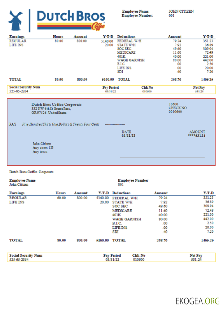 Talon de paie de l'entreprise de café USA Dutch Bros Coffee Corporate